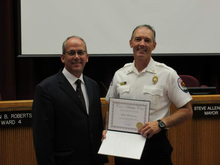 Mayor Steve Allender and the City Council recognized Rapid City Fire Chief Mike Maltaverne for 25 years of service at the Council meeting in September 2015.  Chief Maltaverne has announced his retirement as Fire Chief effective December 31, 2016.