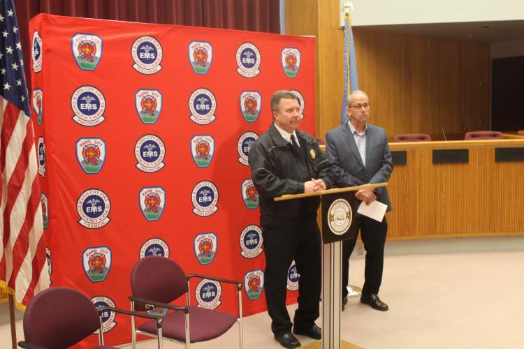 Rod Seals addresses questions from local media at Wednesday's press conference where Mayor Steve Allender announced Seals as the City's next fire chief, subject to City Council confirmation next Tuesday.