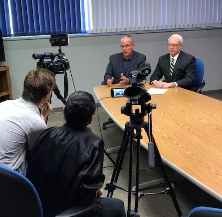 Mayor Steve Allender and Citizen Vision Fund Committee Chairman George Grassby meet with local media regarding the two dozen applications received from community groups seeking Vision Funds for local projects.