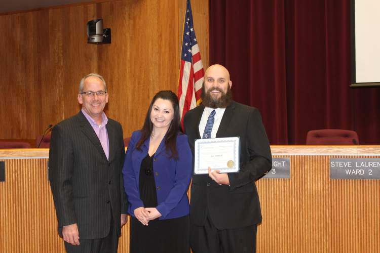 US Army veteran Jace Oldfield was honored at the January 17 City Council as January's Veteran of the Month. Pictured, from left, Rapid City Mayor Steve Allender, Amber and Jace Oldfield.
