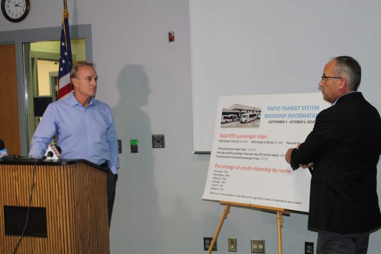 RIch Sagen, Director of the Rapid Transit System and Mayor Steve Allender share numbers and perspectives of September's youth ridership on the RTS with local media.