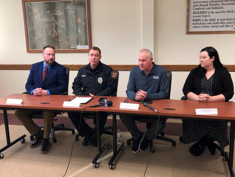 Local officials speak to media this afternoon (Dec. 14) to announce a collaborative effort to curb the rise in retail theft in the community. From left: Mayor Jason Salamun, Police Chief Don Hedrick, RCPD's Mark Eisenbraun and Pennington County Deputy States Attorney Kelsey Blair).