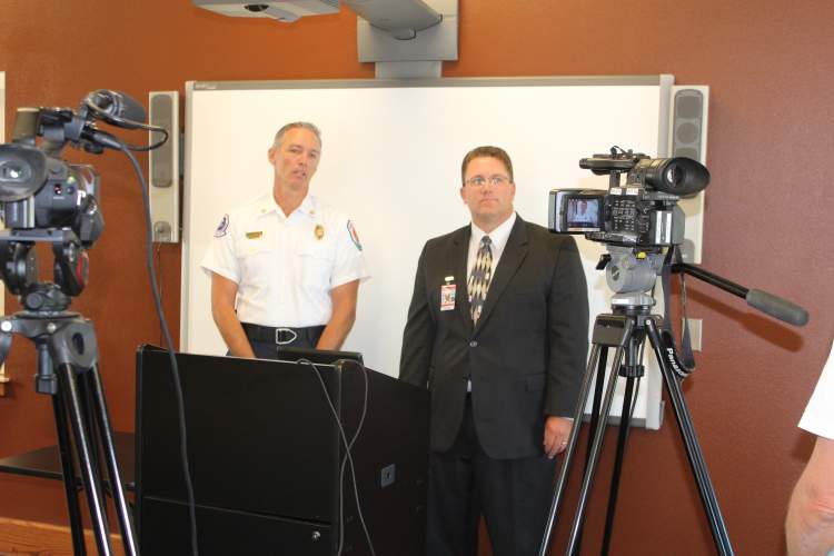 Rapid City Fire Chief Mike Maltaverne (left) and Rapid City Regional Airport Director Patrick Dame address the media during a Friday morning press conference concerning Thursday night's emergency landing of a JetBlue aircraft at Regional Airport.